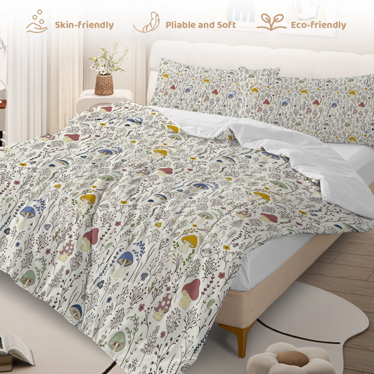 Sleepwish Kids Comforter Set, 3-Piece Mushroom Pastoral Bedding Sets for Girls Twin