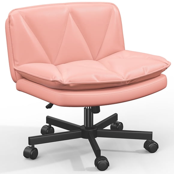 Exenoray Wide Armless Desk Chair with Wheels, Adjustable Swivel Office Task Chair, Upholstered Vanity Chair for Bedroom, Study or Home Workspace,Pink