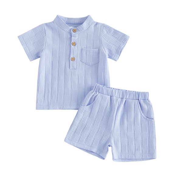 Toddler boys and girls clothes summer outfits embroidery smocked short sleeve shirt t-shirt gingham shorts 1T 2T 3T 4T Sky Blue 18-24 Months