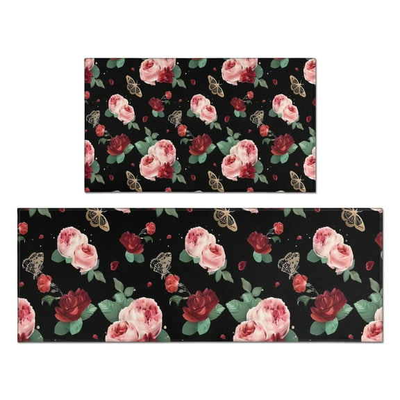 Pioneer Flower Floral Print Pattern Kitchen Rugs Sets Of 2,Anti Fatigue Kitchen Mat Rugs Non Slip Washable,Decorative Kitchen Floor Mats for Kitchen,Sink,Laundry,17"x30" 17"x47"