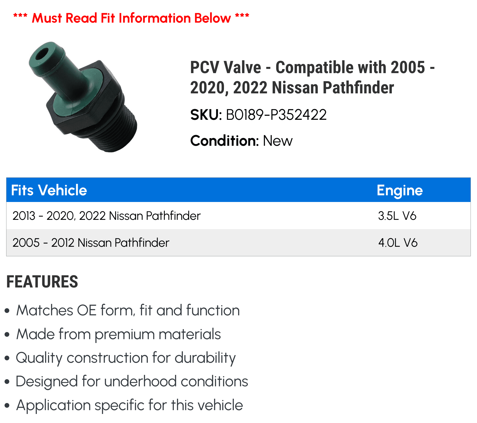 PCV Valve - Compatible with 2005 - 2020, 2022 Nissan Pathfinder 2006 2007 2008 2009 2010 2011 2012 2013 2014 2015 2016 2017 2018 2019