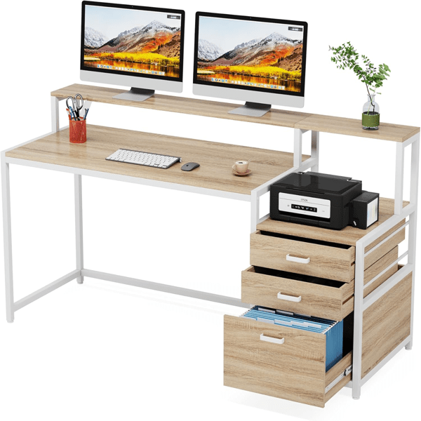 Ergonomic Computer Desk with File Cabinet - 62.99"L Monitor Stand, 45W×19.68D Desktop, 2 Drawers, 2-Year Warranty - for Home Office & Gaming