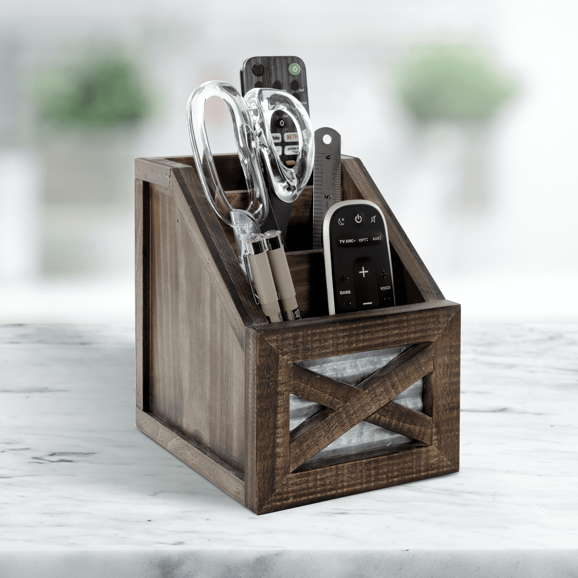 Autumn Alley Rustic Remote Holder - Farmhouse Desk Organizer, Barn Door Remote Holder, Desktop Organizer - 3-Slot Multiple Compartment Remote Control Storage Caddy, Rustic Home Decor, Brown