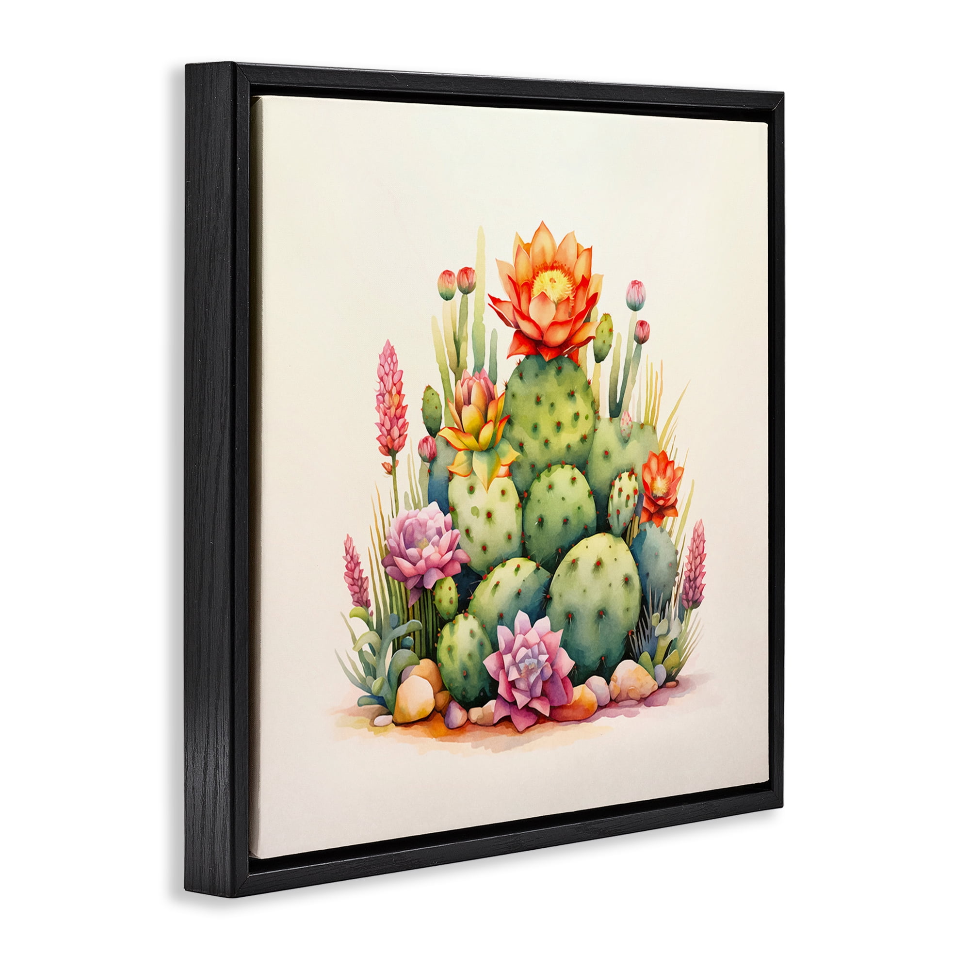 Stupell Industries Desert Spring Cacti Plants & Flowers Painting Black Floater Framed Canvas Art Print Wall Art, 18 x 18