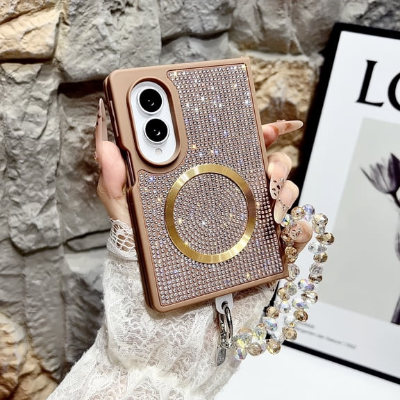 for Samsung Galaxy Z Fold 8 Bling Protective Women Case, Glitter Sparkly Hard PC Shell with Wrist Strap, Magnetic Wireless Charging Ultra Slim Shockproof Cover for Samsung Galaxy Z Fold 8, Gold