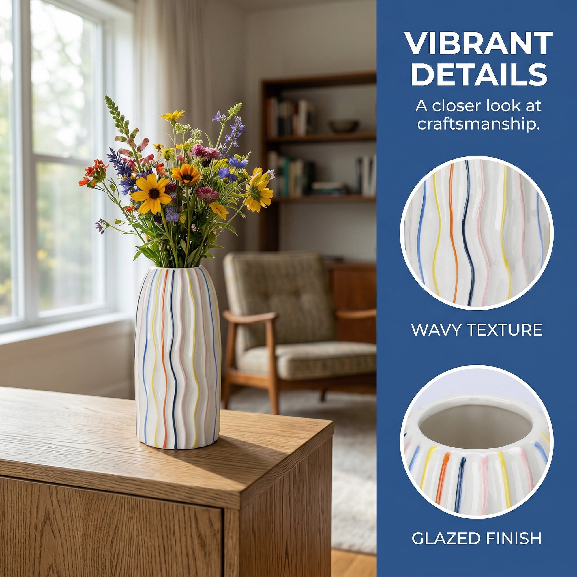 Unique Bargains Modern Ceramic Aesthetic Ribbed Flower Vase Rainbow 4.1"L x 4.1"W x 8.4"H
