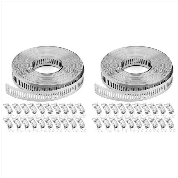 2X Abrazaderas de Manguera Correa de Metal de 20 Pies + 40 Sujetadores Abrazaderas de Banda de Acero Inoxidable Cortadas A Medida DIY Gusano Grande Ajustable