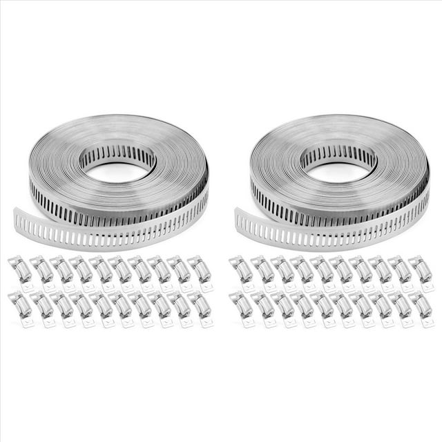 2X Abrazaderas de Manguera Correa de Metal de 20 Pies + 40 Sujetadores Abrazaderas de Banda de Acero Inoxidable Cortadas A Medida DIY Gusano Grande Ajustable