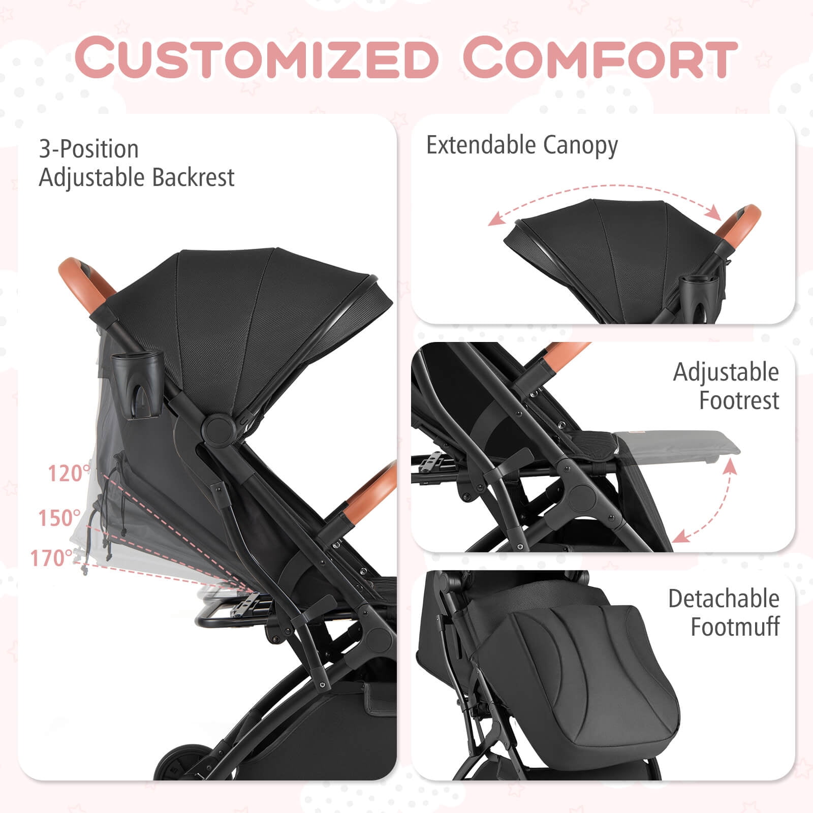 Costway Lightweight Baby Stroller with One-Hand Folding, Extendable Canopy, Storage Baske Black