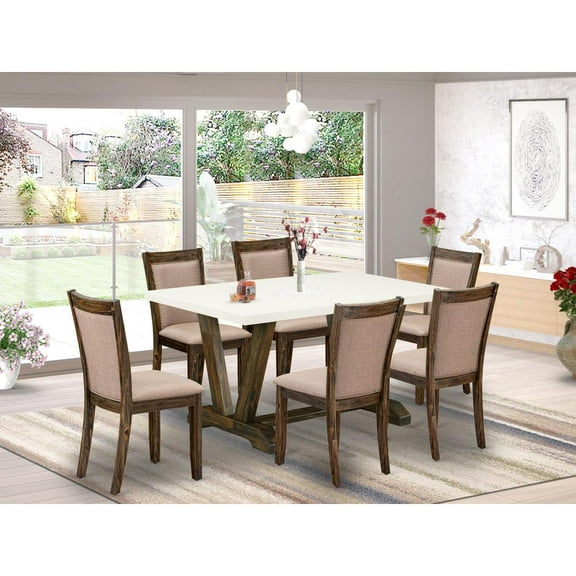 East West Furniture V-Style 7-Piece Wood Dining Set in Khaki Gray/Jacobean/White