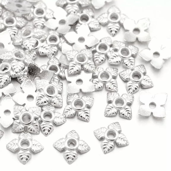 U8MO 1000 Tibetan Alloy Flower Bead Caps Carved 4-Petal Silver Tone Tiny Findings 6mm
