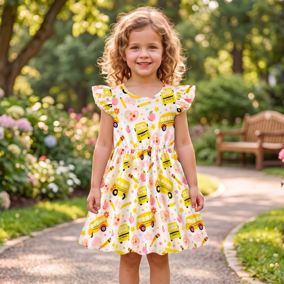 Toddler Girl Dress Printed Ruffled Fully Lined Stylish Charming for Summer and Casual Dress Set