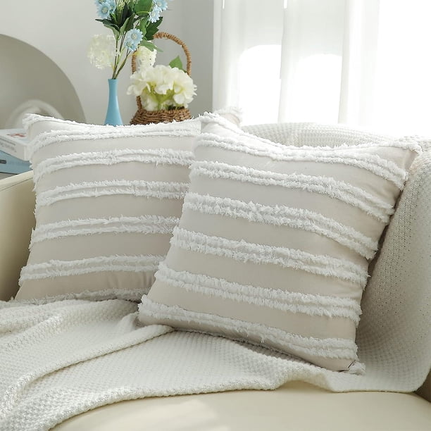 Fundas de almohada decorativas bohemias, fundas de almohada de rayas neutras, juego de 2 de 16 x 16, fundas de almohada de lino y algodón beige para sofá, sala de estar.
