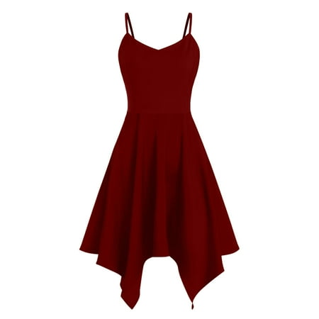 

ERTUTUYI Plus Size Fashion Womens Sunflower Print Asymmetric Camis Handkerchief Dress Sleeveless Suspenders Red 4XL
