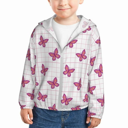 

Sun Hoodie for Kids Retro Pink butterfly Grid Y2K 90s Long Sleeve Swim Fishing Shirts Sun Protection Zip Up Jacket Clothing Athletic Hoodie