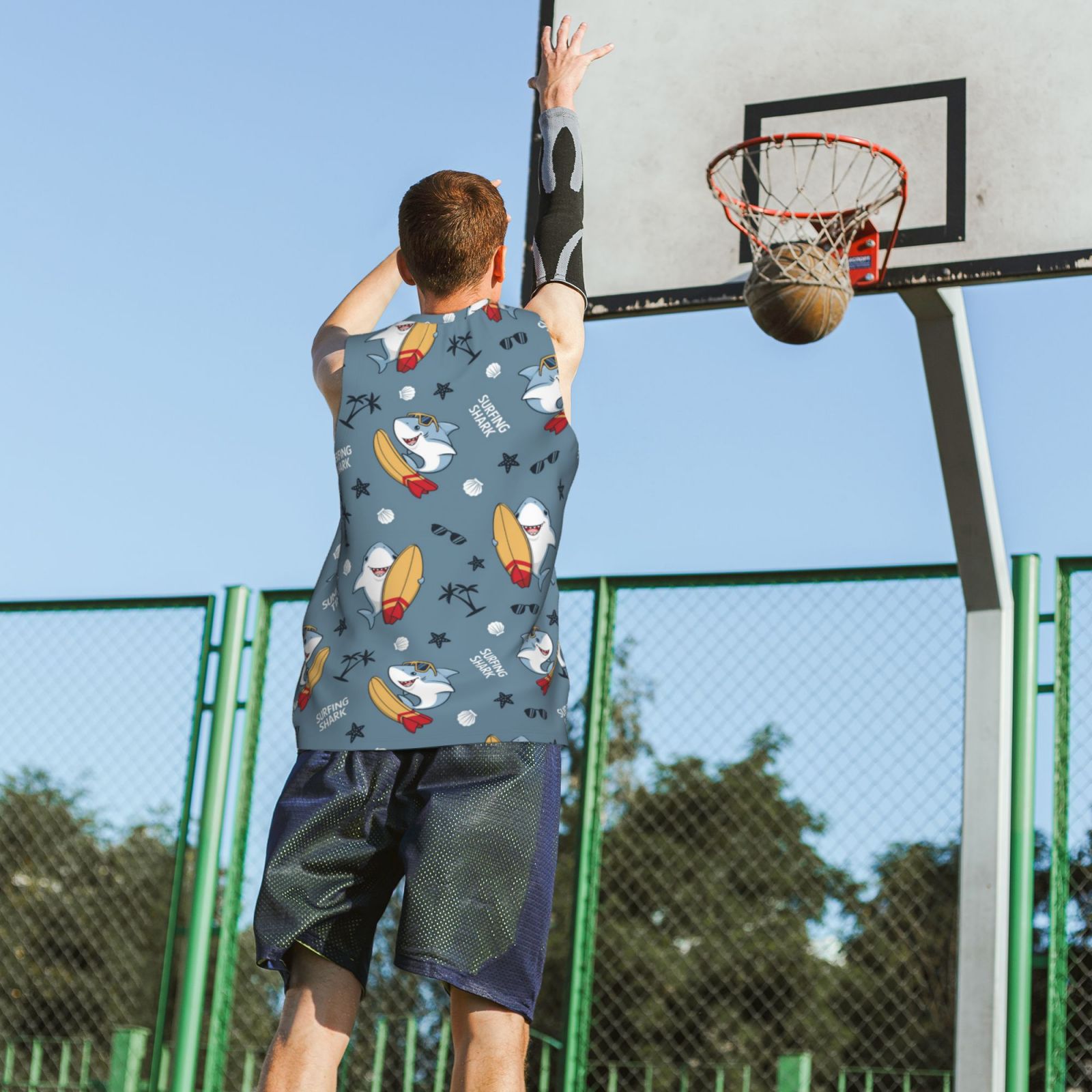 Xecao Surf Shark print basketball shirt for both men and women, a unisex basketball jersey perfect for theme parties-3X-Large
