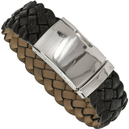 Primal Steel Stainless Steel Polished Black Leather Buckle Bracelet