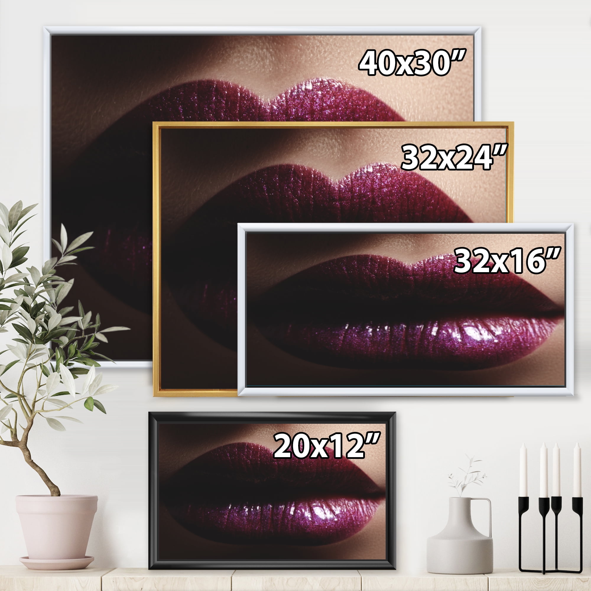 Designart 'Close-Up Of Woman Plump Lips With Glitter' Modern Framed Canvas Wall Art Print