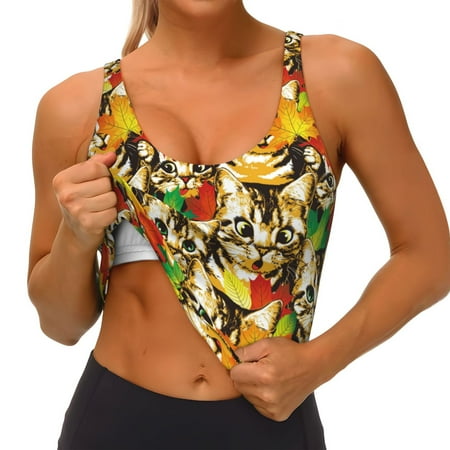 Qokaie Kittens With Maple Leaves Pattern Womens Scoop Neck Sports Bra Breathable Workout Vest Padded U Back Medium Impact Fitness Gym Yoga Bra Workout Crop Top