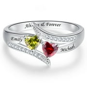 Personalized Promise Anniversary Heart Ring for Her Custom 925 Sterling Silver Ring for Women with 2 Names Birthstones Rings for Couples