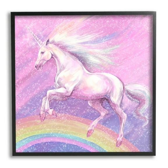 Stupell Industries Unicorn Over Rainbow Fairy Tales & Fantasy Painting Black Framed Art Print Wall Art, 12 x 12