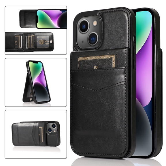 Elehold Card Slot Case for iPhone 15 Plus Case,Luxury Leather and Flexible TPU Hybrid Shockproof Case with Magnetic Closure Card Slot Kickstand Case Cover,Black