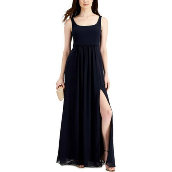 ADRIANNA PAPELL Womens Navy Zippered Slitted Gathered Pleated Lined Sheer Sleeveless Square Neck Full-Length Evening Gown Dress 8