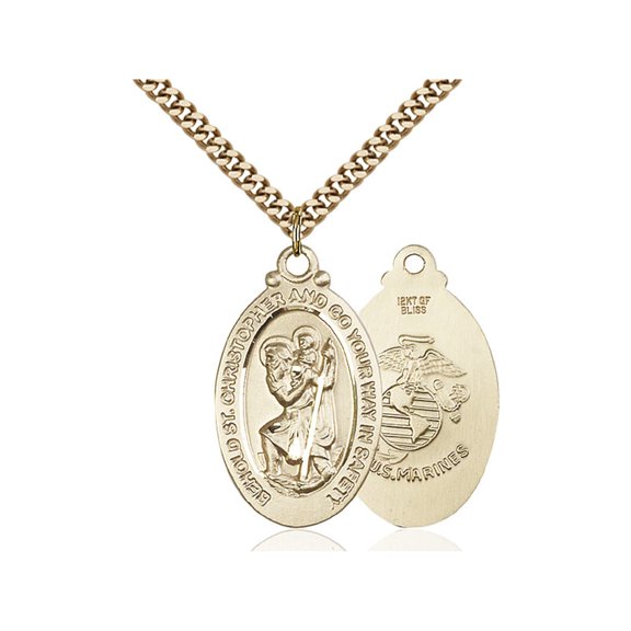 Gold Filled St. Christopher Pendant 1 1/8 x 5/8 inches with Heavy Curb Chain