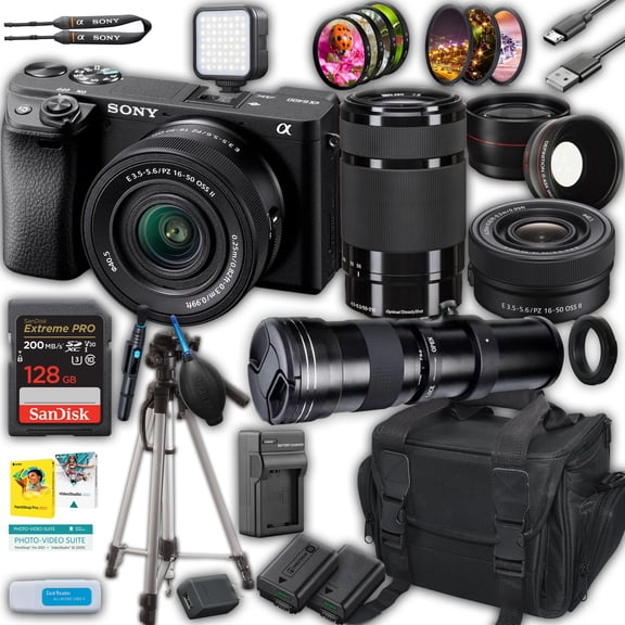 Sony a6400 Mirrorless Camera w/ 16-50mm II, 55-210mm & 420-800mm Lenses   128GB SanDisk Extreme Pro Memory Card & More (International Version)