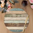 thumbnail image 3 of Farmhouse Teal Brown Round 13 Inch Placemats Set of 2, Country Ombre Wooden HeatResistant Non Slip Place Mats for Dining Table, Wipeable Braided Kitchen Table Mats for Housewarming, 3 of 9
