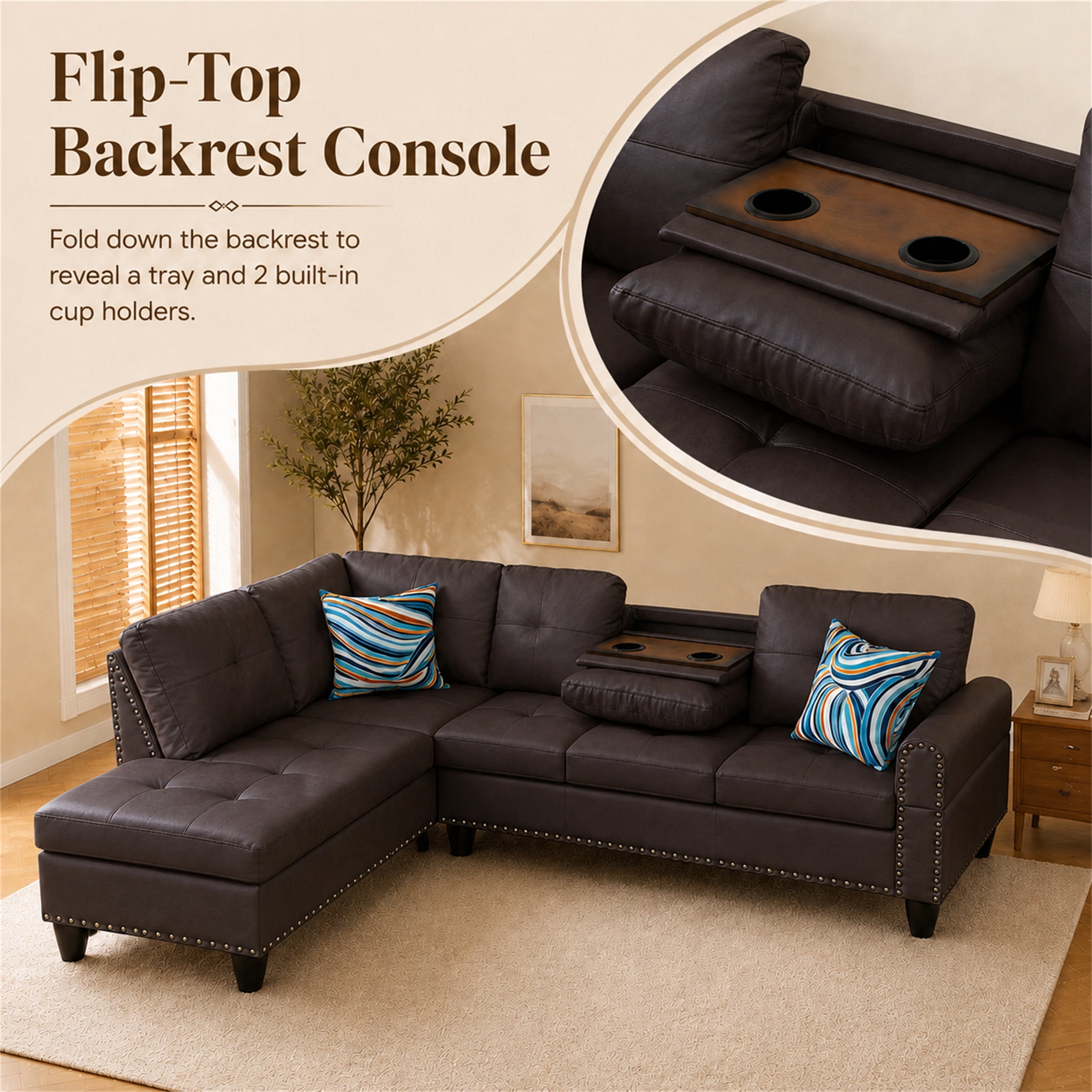 Aukfa 98" L Shaped Sectional Couch with Cup Holder Console, Tufted Back&Nailhead Trim, Oversized Left Chaise Leather Sofa for Living Room, Brown