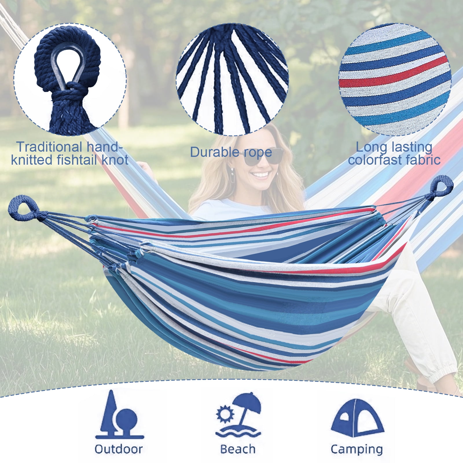 Double Hammock with Tree Swing Straps Holds 440lbs Capacity Hammock for Camping Outside Garden Outdoor Indoor Patio Backyard, Blue
