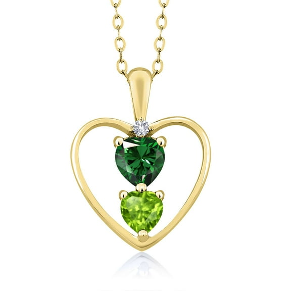 18K Yellow Gold Plated Silver Green Nano Emerald Green Peridot and White Created Sapphire Pendant Necklace for Women (0.81 Cttw, Gemstone May Birthstone, Heart 5MM and 4MM, with 18 inch Silver Chain)