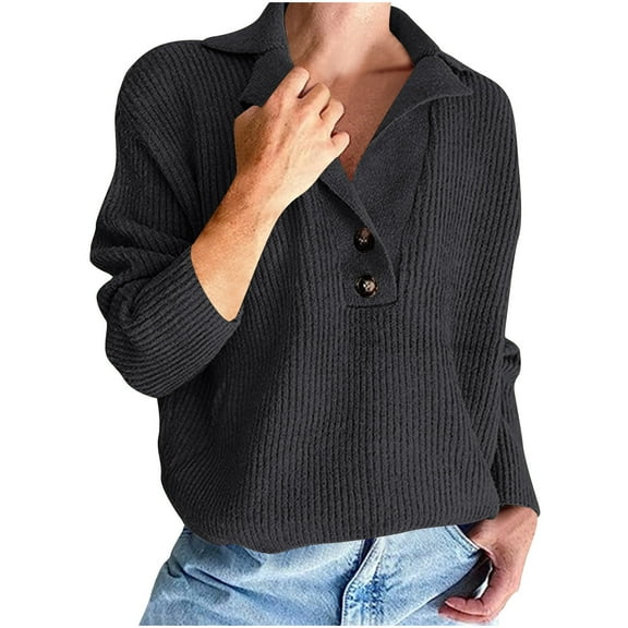 Oversized Sweaters For Women Lapel Knitted Loose Casual Solid Color Long Sleeved V Neck winter Clothes Black Fashion Tops Pullover (M)