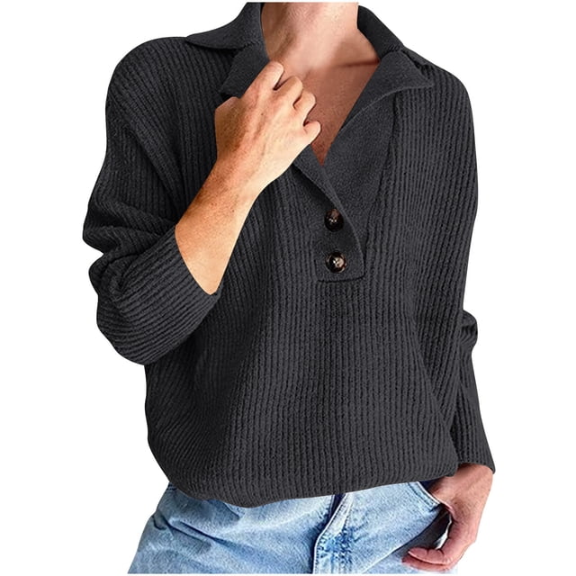 cfhntfmh Women's Fall Sweaters 2024 Knitted V-Neck Collared Button Pullover Tops Long Sleeve Trendy Sweaters