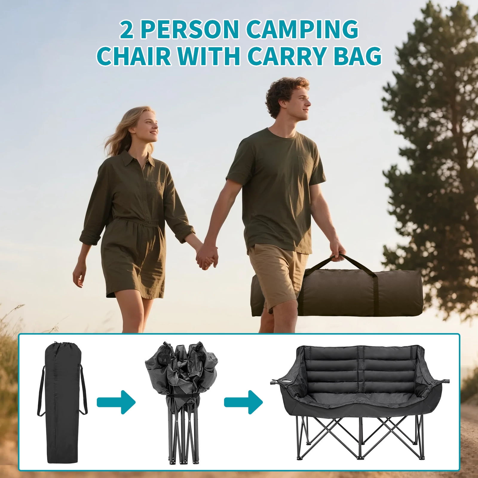 ABORON Oversized Double Camping Chair, Folding 2 Person Camping Chair Loveseat, Fully Padded Duo Chair Camping Couch, Portable Double Camp Chair, Lawn Chairs, Camping Bench with Carrying Bag