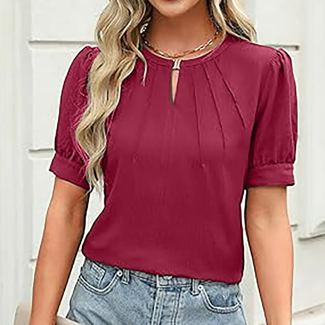 Meichang T-Shirts d'Été pour Femmes, Décontractés et Élégants, Col Rond, Manches Courtes, Plissés devant