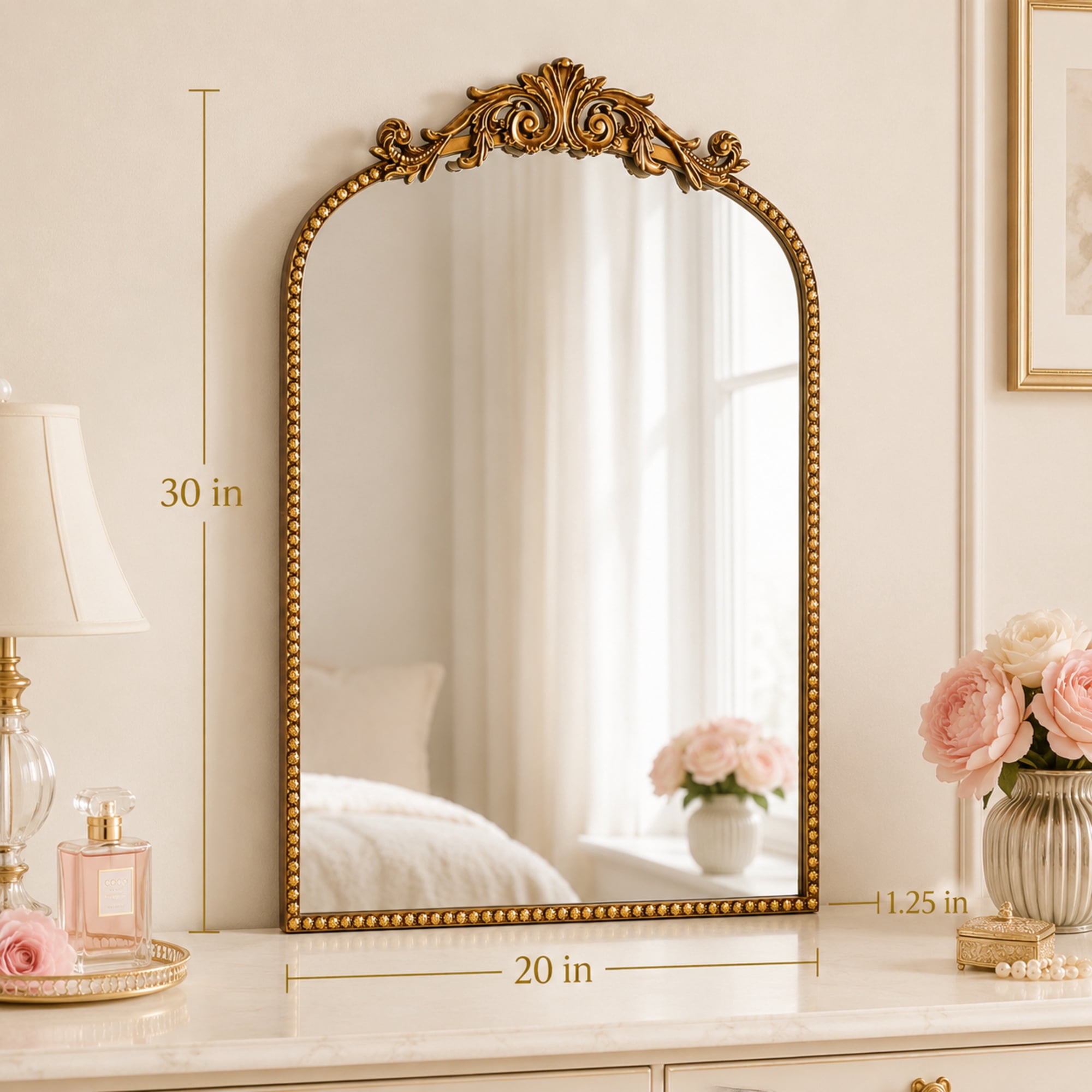Crystal Art Gallery 30” x 20” Antique Gold Arch Wall Vanity Mirror, Ornate Vintage Baroque Mirror with Decorative Scroll Crest, Beaded Frame & Keyhole Hanging for Bedroom Entryway