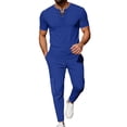 thumbnail image 6 of BLTIBY Men's Summer Sets 2 Piece Outfits Waffle Crewneck V Neck Fitted Lace Up Short Sleeve T-Shirt & Drawstring Cargo Pants Casual Stylish Matching Set with Pockets Blue XL, 6 of 8