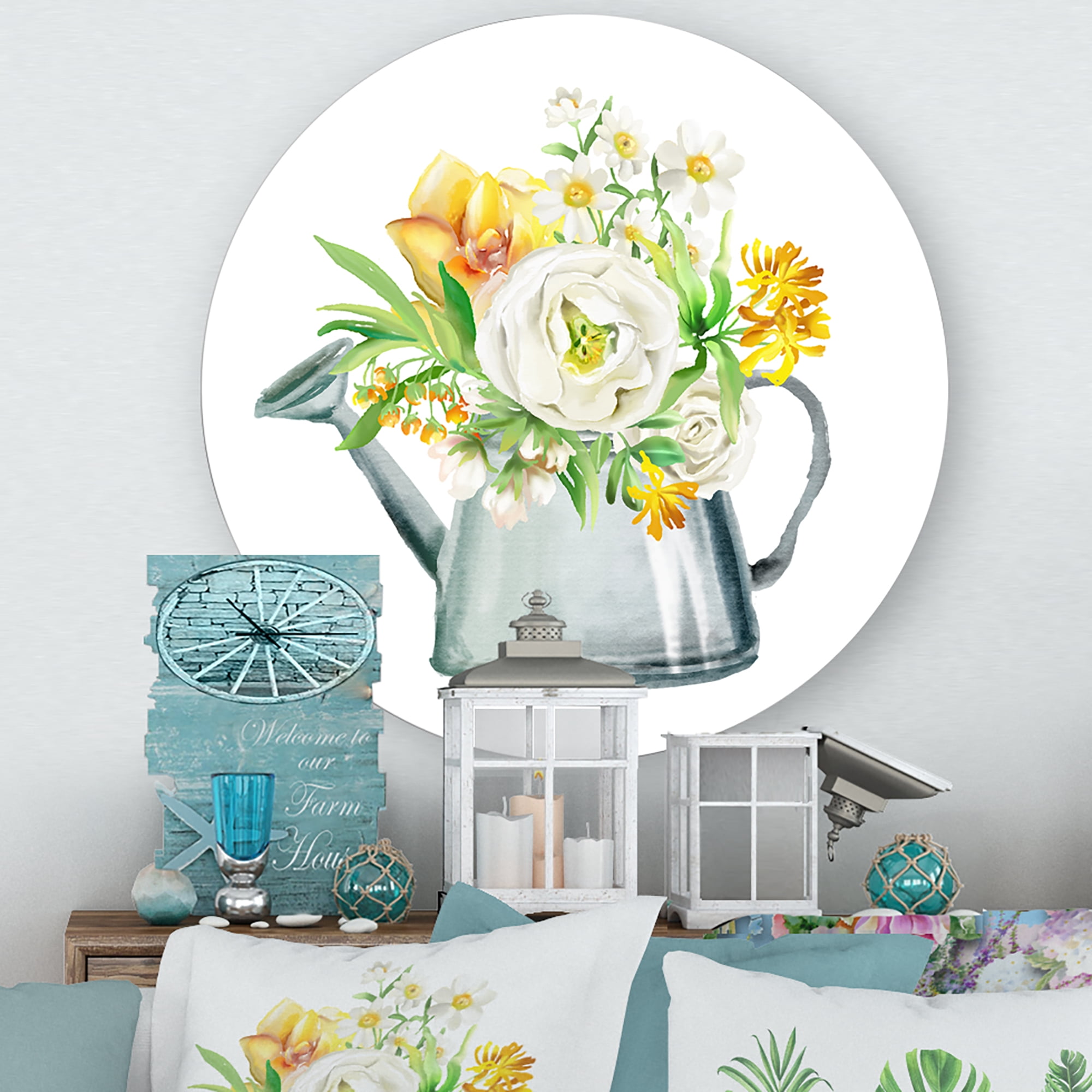 Designart 'Marigolds Roses and Peonies In Garden Watering Can' Farmhouse Circle Metal Wall Art 11x11 - Disc of 11