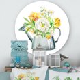 thumbnail image 2 of Designart 'Marigolds Roses and Peonies In Garden Watering Can' Farmhouse Circle Metal Wall Art 23x23 - Disc of 23, 2 of 5