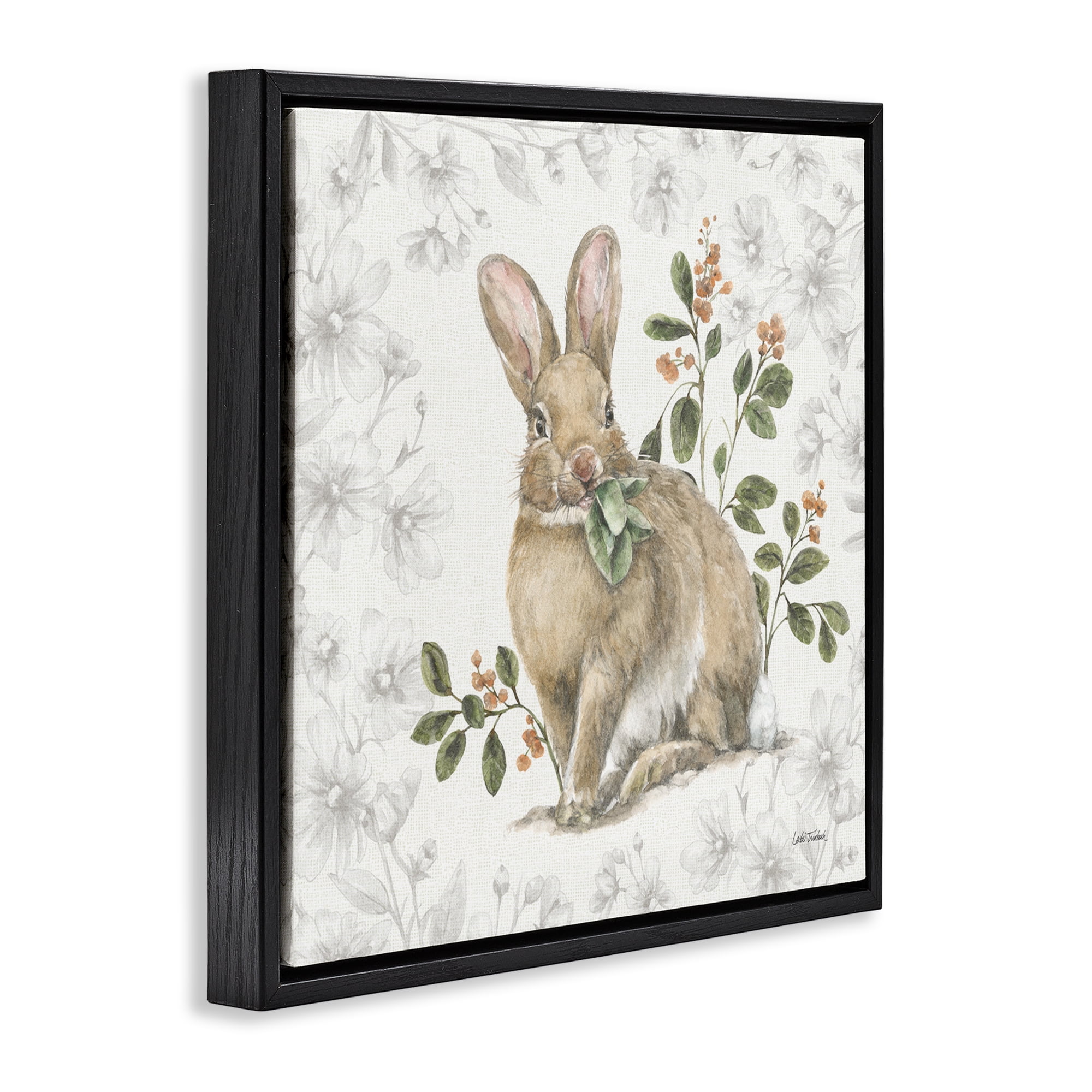 Stupell Industries Floral Garden Bunny Animals & Insects Painting Black Floater Framed Canvas Art Print Wall Art, 25 x 25