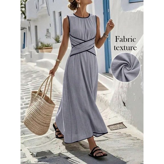 Women Dusty Purple Casual Sleeveless Maxi Dress, Criss-Cross Waist Design