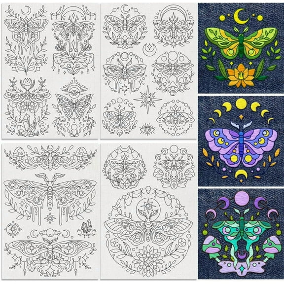 1set 15Pcs Moth Leaf Embroidery Pattern Stabilizer 8.3"x11.7" Moon and Star Moth Soluble Stick and Stitch Embroidery Sticker 4 Sheets Insect Water Hand Sewing DIY Embroidery Paper