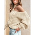 thumbnail image 6 of Cupshe Women's Cable Knit One Shoulder Pullover Sweater Mock Neck Cutout Drop Long Sleeve Causal Knitted Top, Sizes XS-XL, 6 of 7