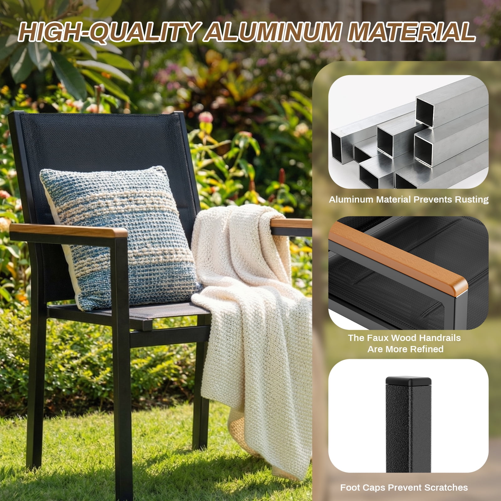 LIFERUN Patio Chairs Set of 4, Stackable Aluminum Outdoor Chair with Quilted Textilene & WPC Handrail, 17" Seat Height, All Weather Chair for Patio, Balcony, Poolside & Restaurants, Black