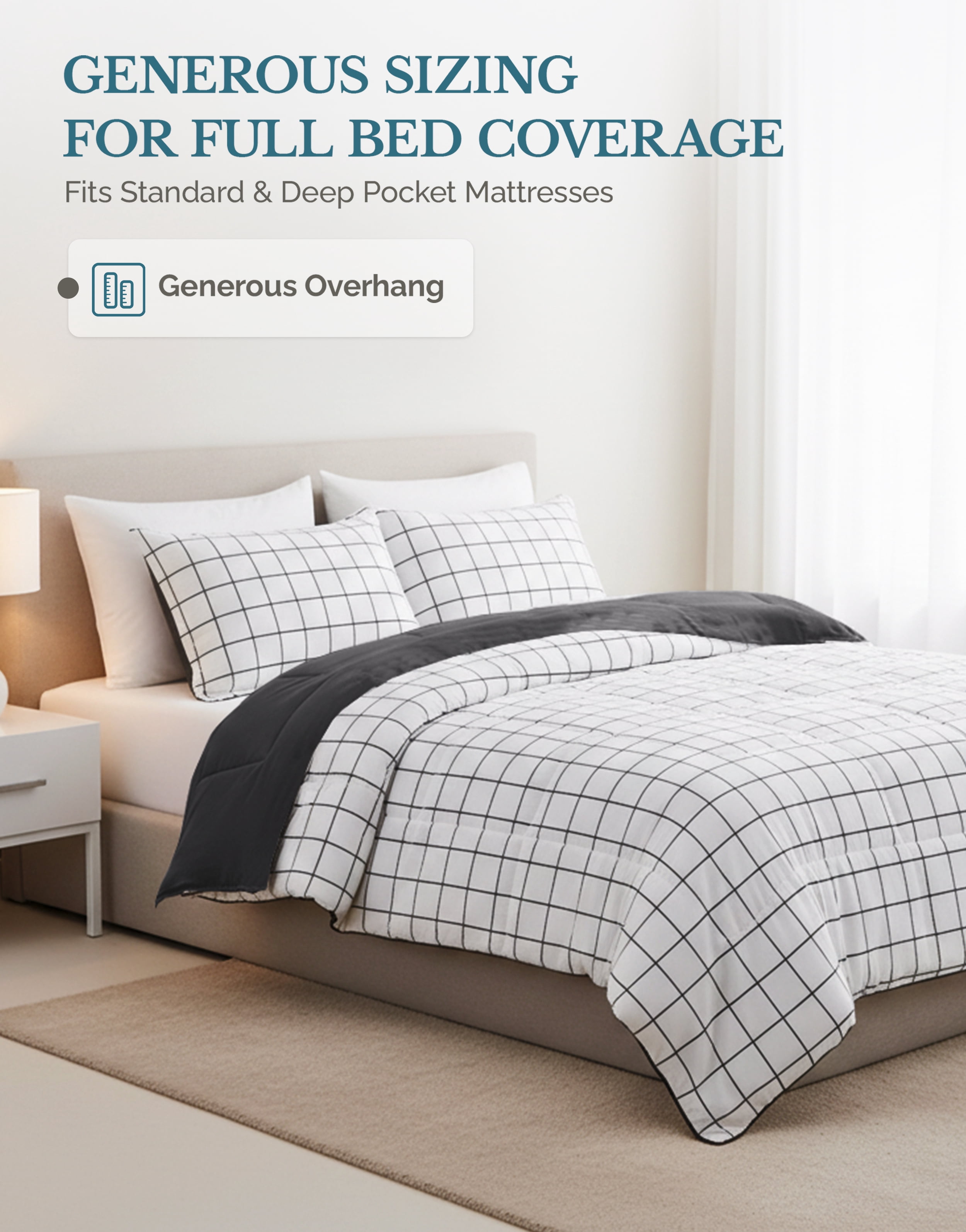 Casa Platino Comforter Set King- Fluffy Duvet Insert King Size - Pre-Washed Hydro-Brushed 100% Microfiber Comforter Set King Size - Comfy Bedding King Size Comforter Set- Windowpane Charcoal