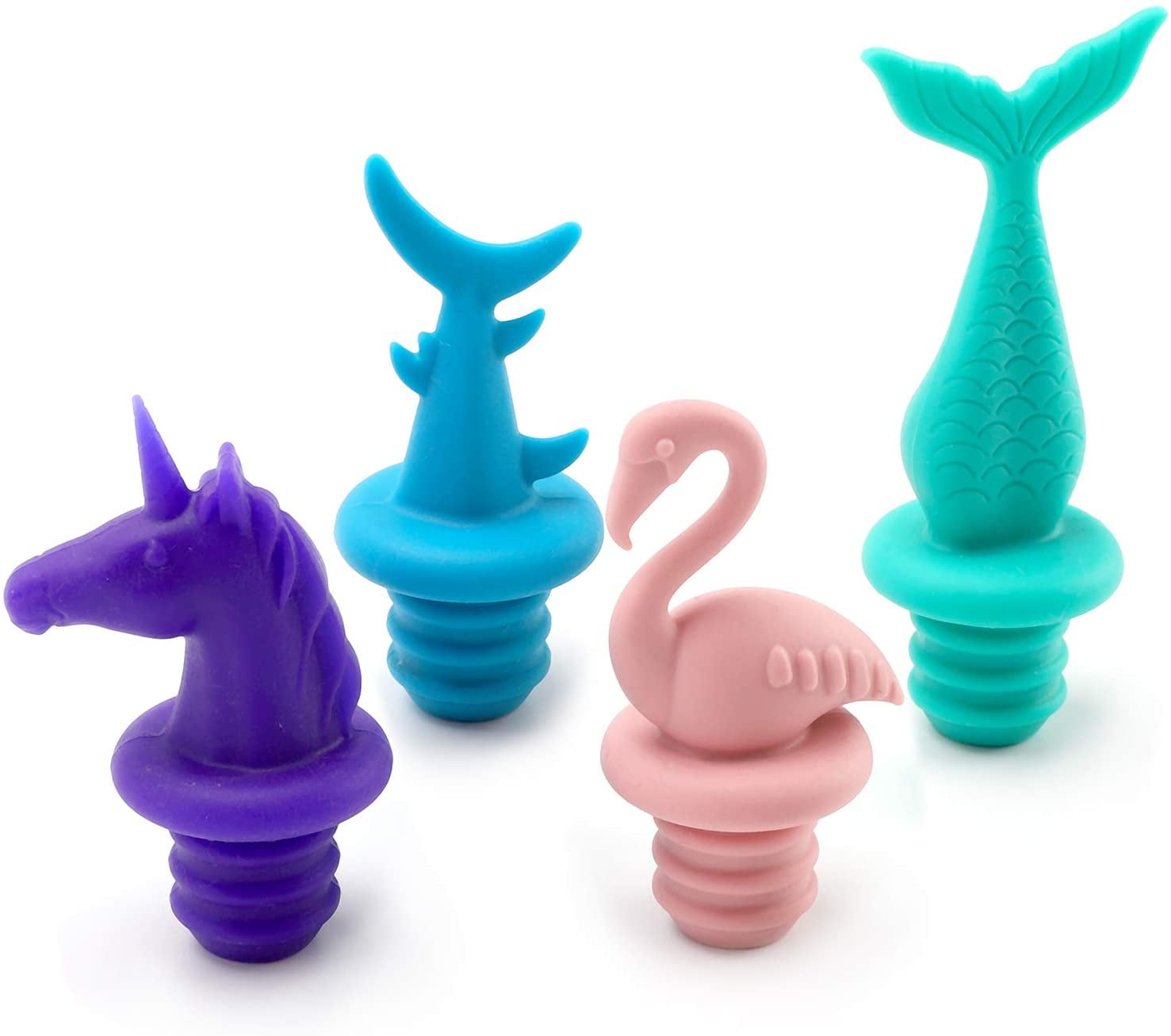 Unicorn and Mermaid Champagne Stopper Beer Stopper Silicone Wine Stoppers Set of 4,Cute Animal Bottle Stopper Reusable Bottle Plugs with Screw for Preserving Wine Champagne Beverage,Shark,Flamingo 