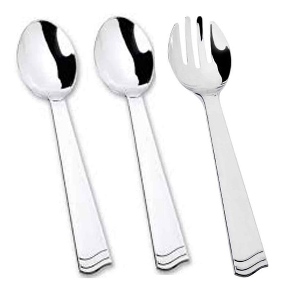 10" Elegant Silver Polished Plastic Salad Serving Utensils Fork & Spoon (Set - (10 Spoons & 5 Forks))