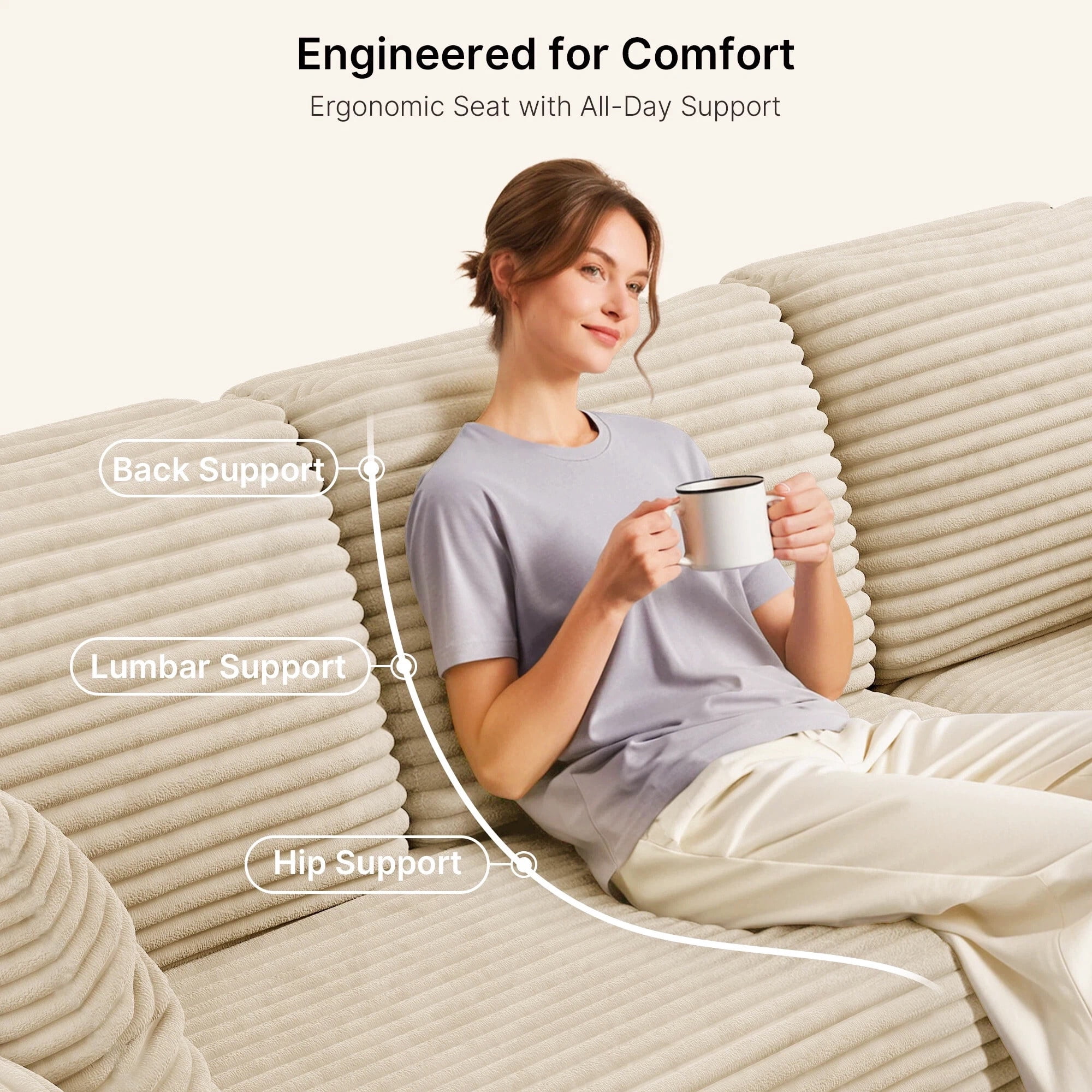 Sofa Couches, Lofka 105" L Shaped Sectional for Living Room, No Assembly Boneless Deep Seat, Beige Corduroy